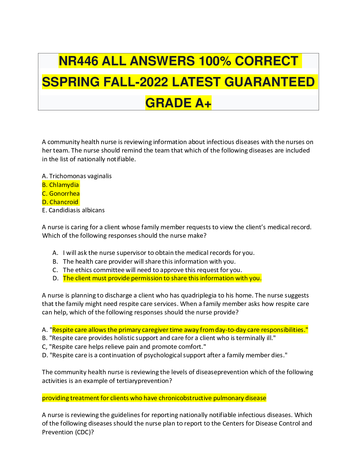 Preview of NR446 ALL ANSWERS 100% CORRECT SSPRING FALL-2022 LATEST GUARANTEED GRADE A+